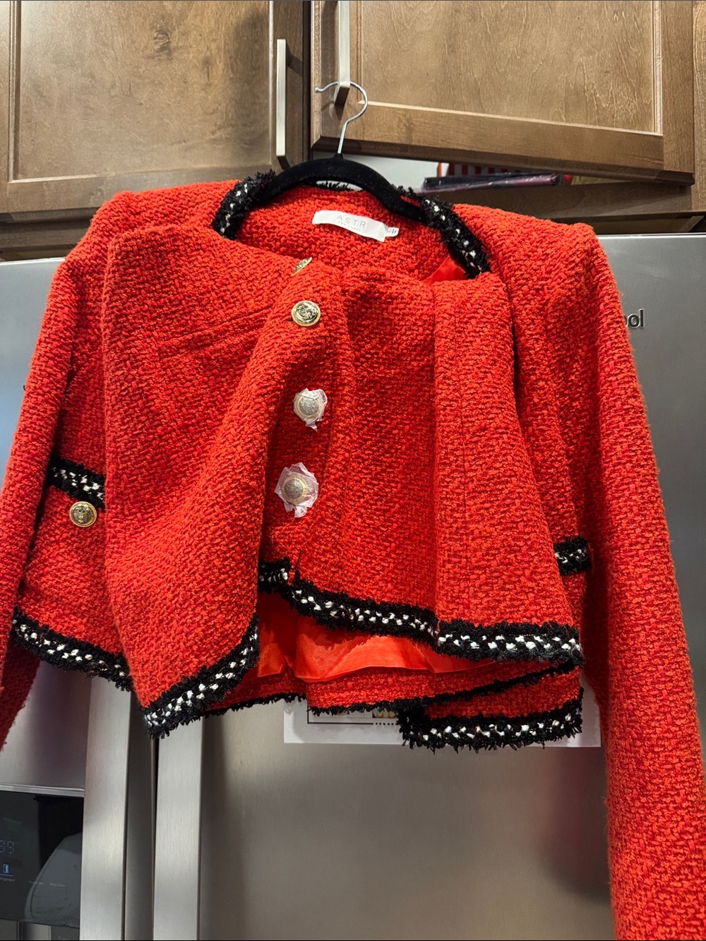 Astr Red Tweed Cropped Blazer with Black Trim